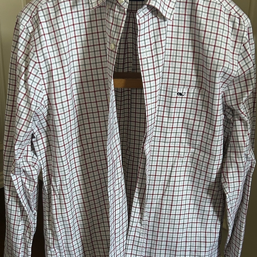 Vineyard Vines Men's Burgundy and Gray Plaid Shirt, Long Sleeve